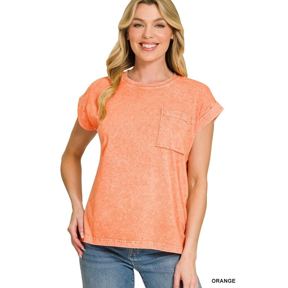 Zenana Halo Snow Washed Cuffed Short Sleeve Tee - Small